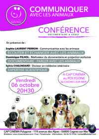 Conférence communiquer avec les animaux. Le vendredi 6 octobre 2017 à CAGNES SUR MER. Alpes-Maritimes.  20H30